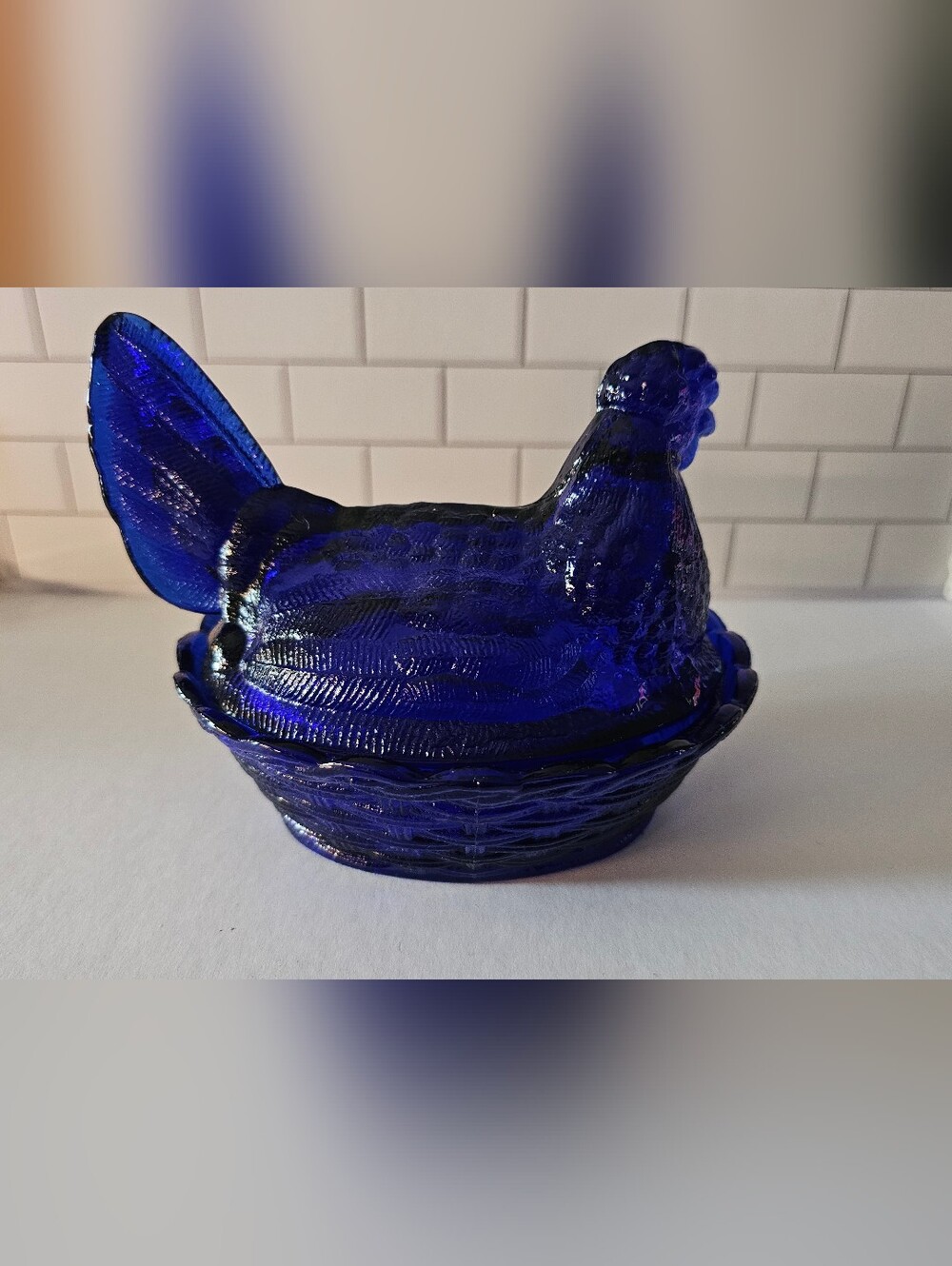 Vintage LG Wright Cobalt Blue Glass Hen on Nest 6" Split Tail
